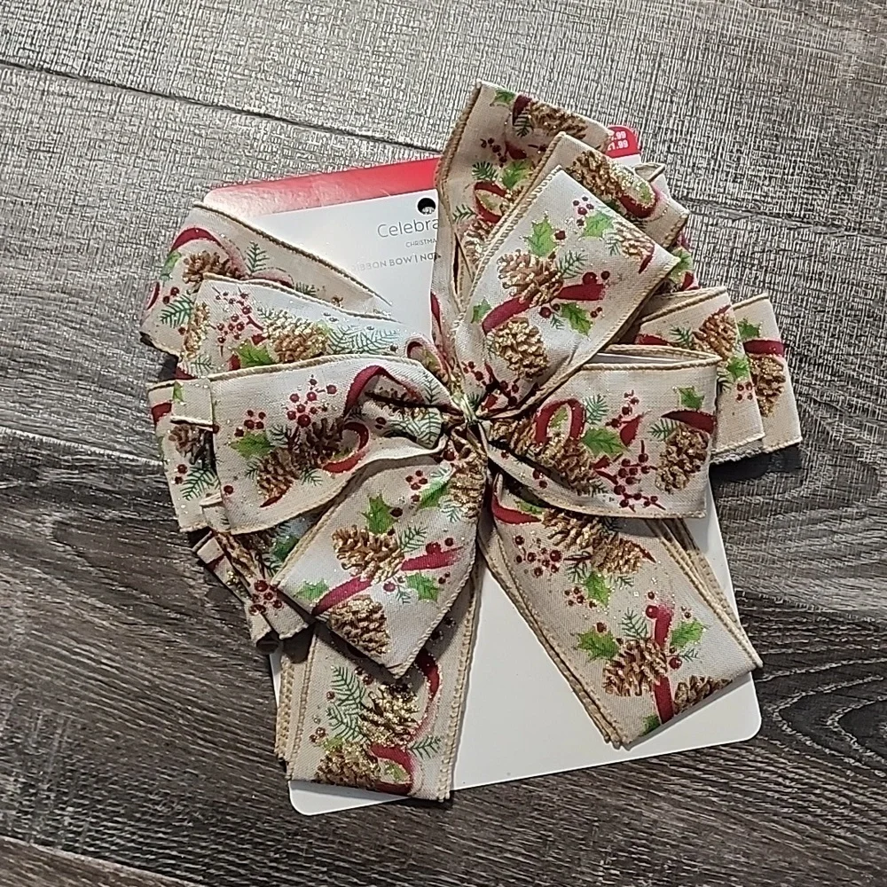 Celebrate It pinecone print, wired ribbon Bow